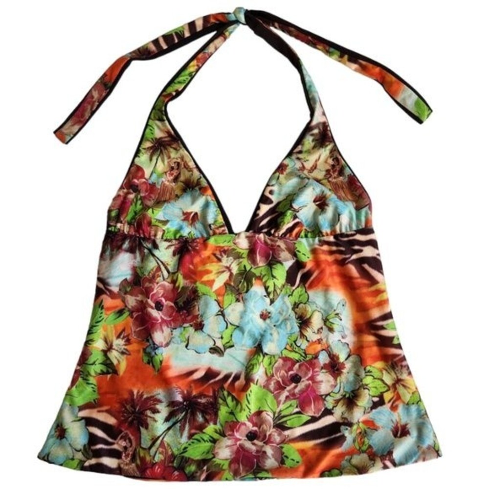 UNBRANDED brown blue pink hula girl floral print swim suit top sz UNKNOWN
